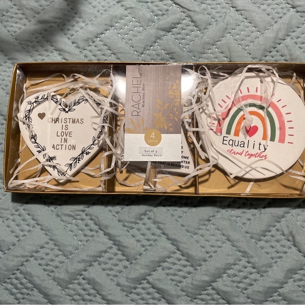 Rachel Roy Set Of 3 Holiday Ornaments Equality, Love In Action